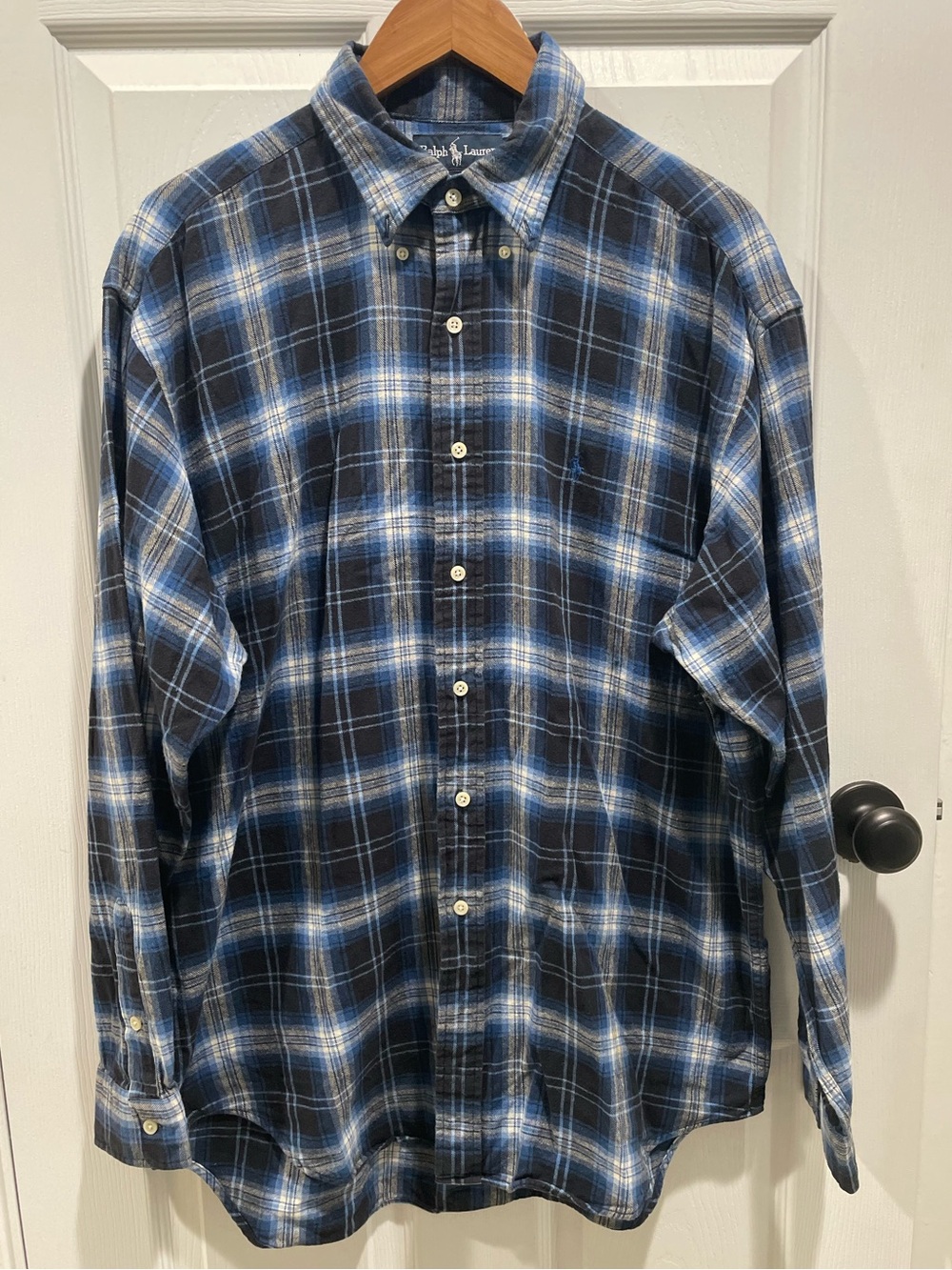 Vintage Polo Ralph Lauren Blaire Plaid Flannel Button Down Shirt Blue Black L